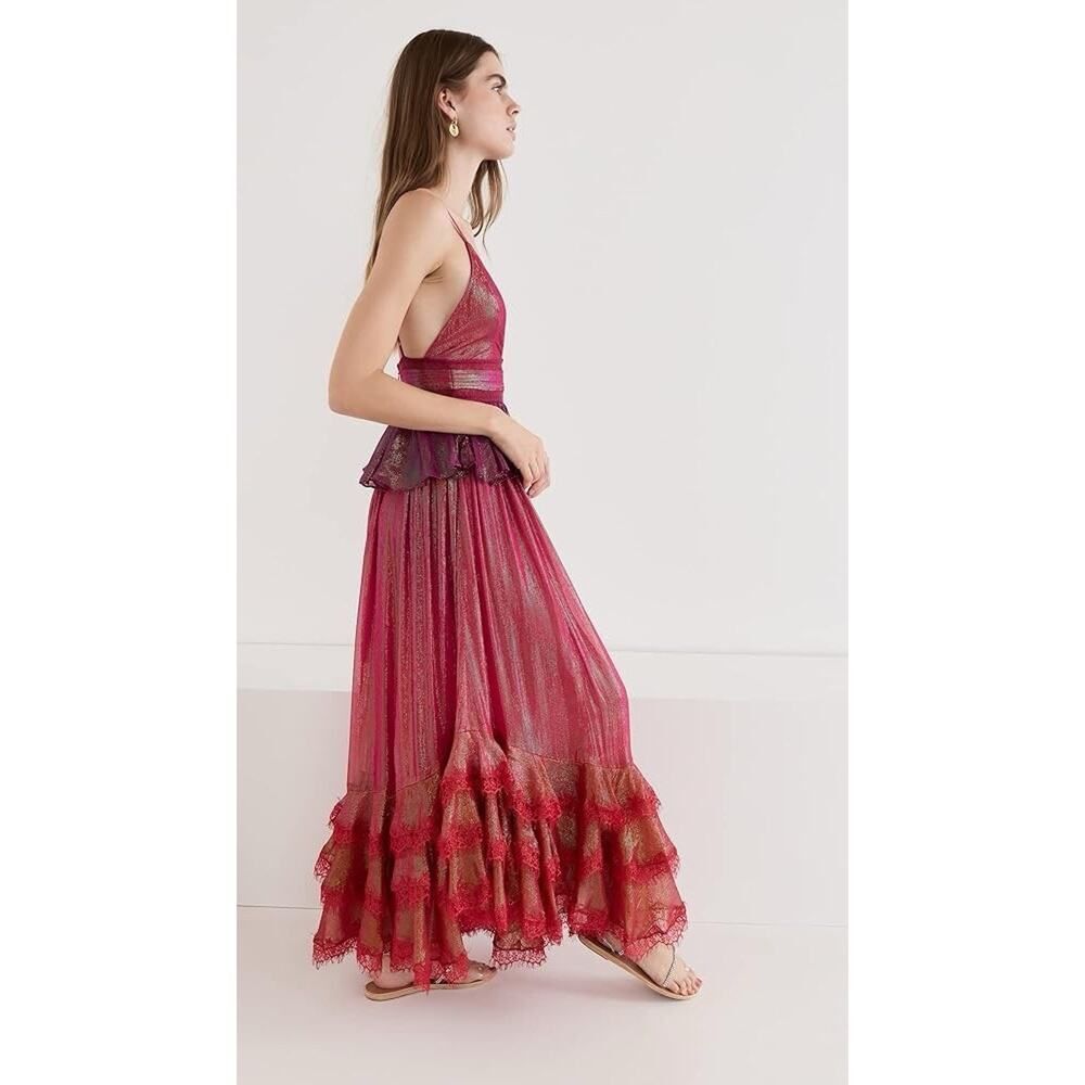 Rococo Sand Shimmery Red Metallic V-Neck Tiered Maxi Dress - Picture 5 of 8